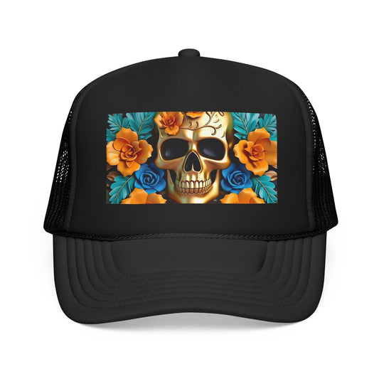 Sugar Skull Trucker Hat — Floral Day of the Dead Foam Cap