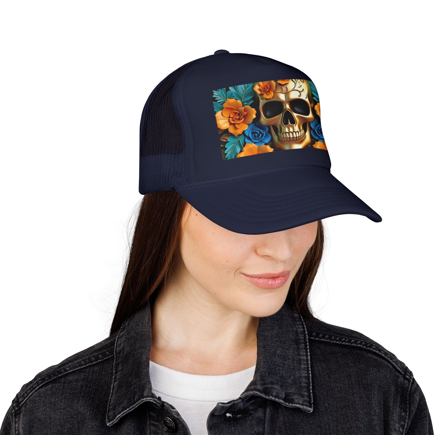 Sugar Skull Trucker Hat — Floral Day of the Dead Foam Cap