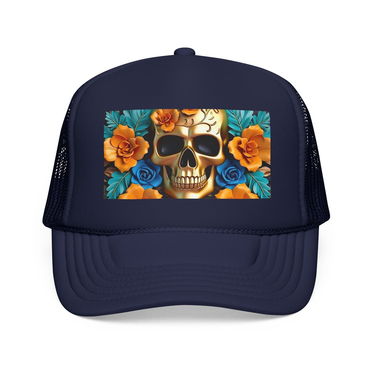 Sugar Skull Trucker Hat — Floral Day of the Dead Foam Cap
