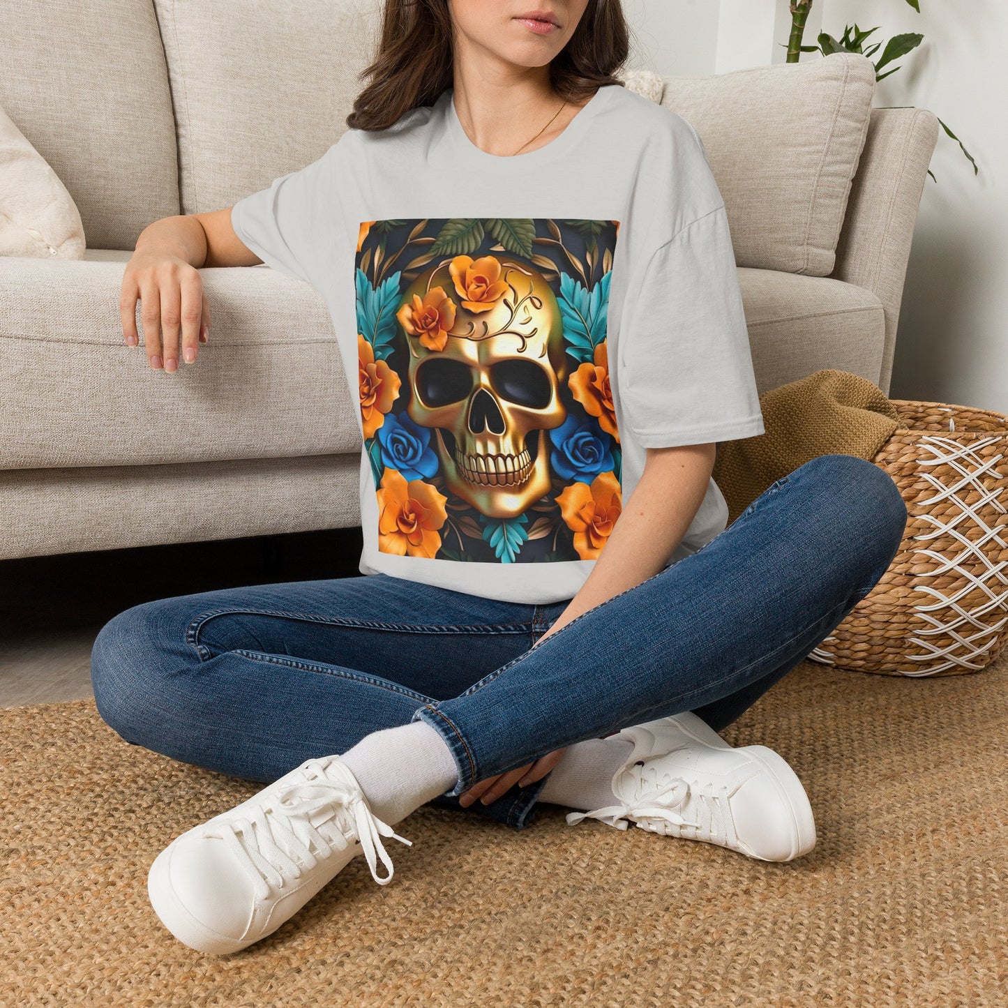 Floral Skull T-Shirt — Day of the Dead Sugar Skull Tee with Orange Roses