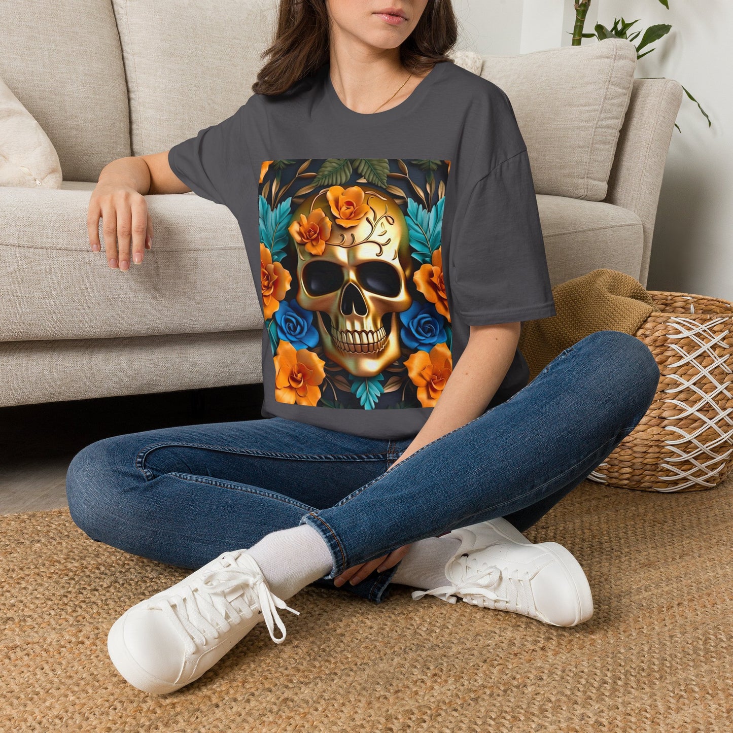 Floral Skull T-Shirt — Day of the Dead Sugar Skull Tee with Orange Roses