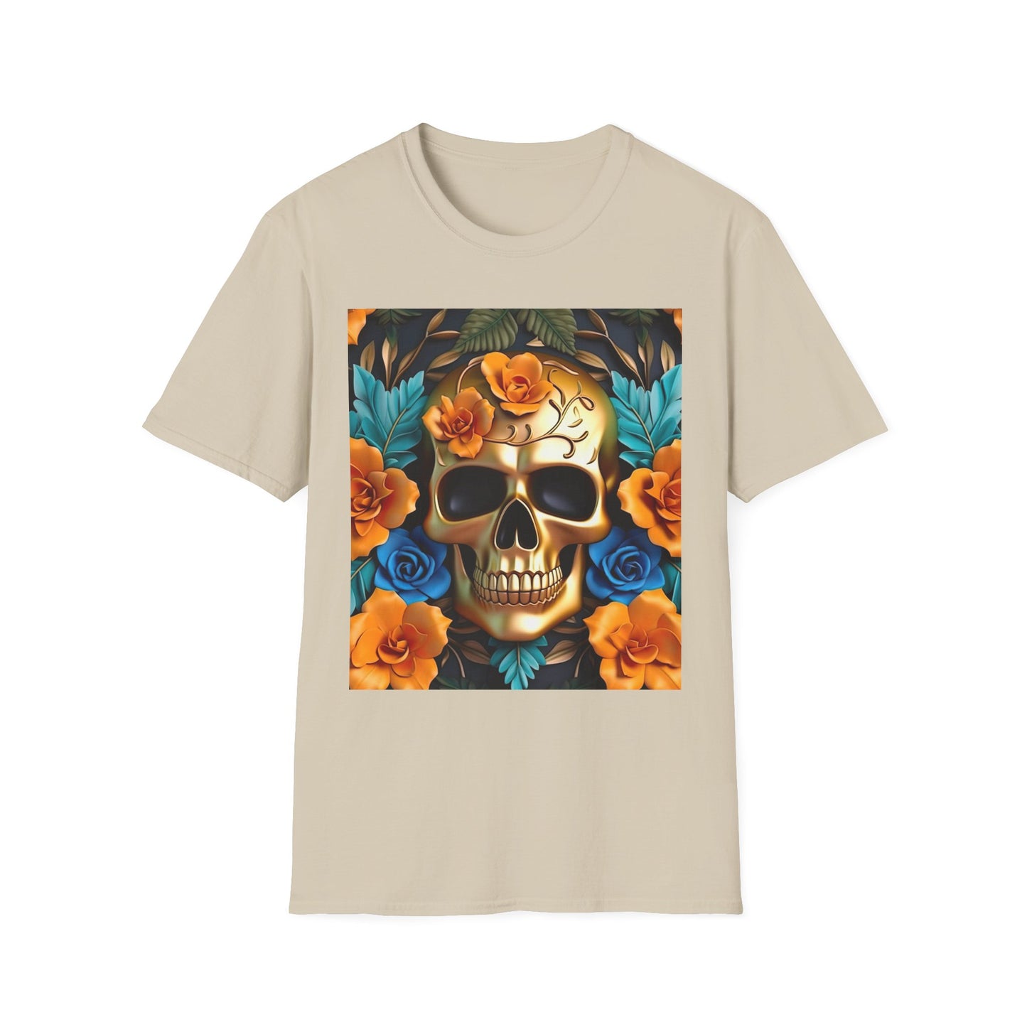 Floral Skull T-Shirt — Day of the Dead Sugar Skull Tee with Orange Roses