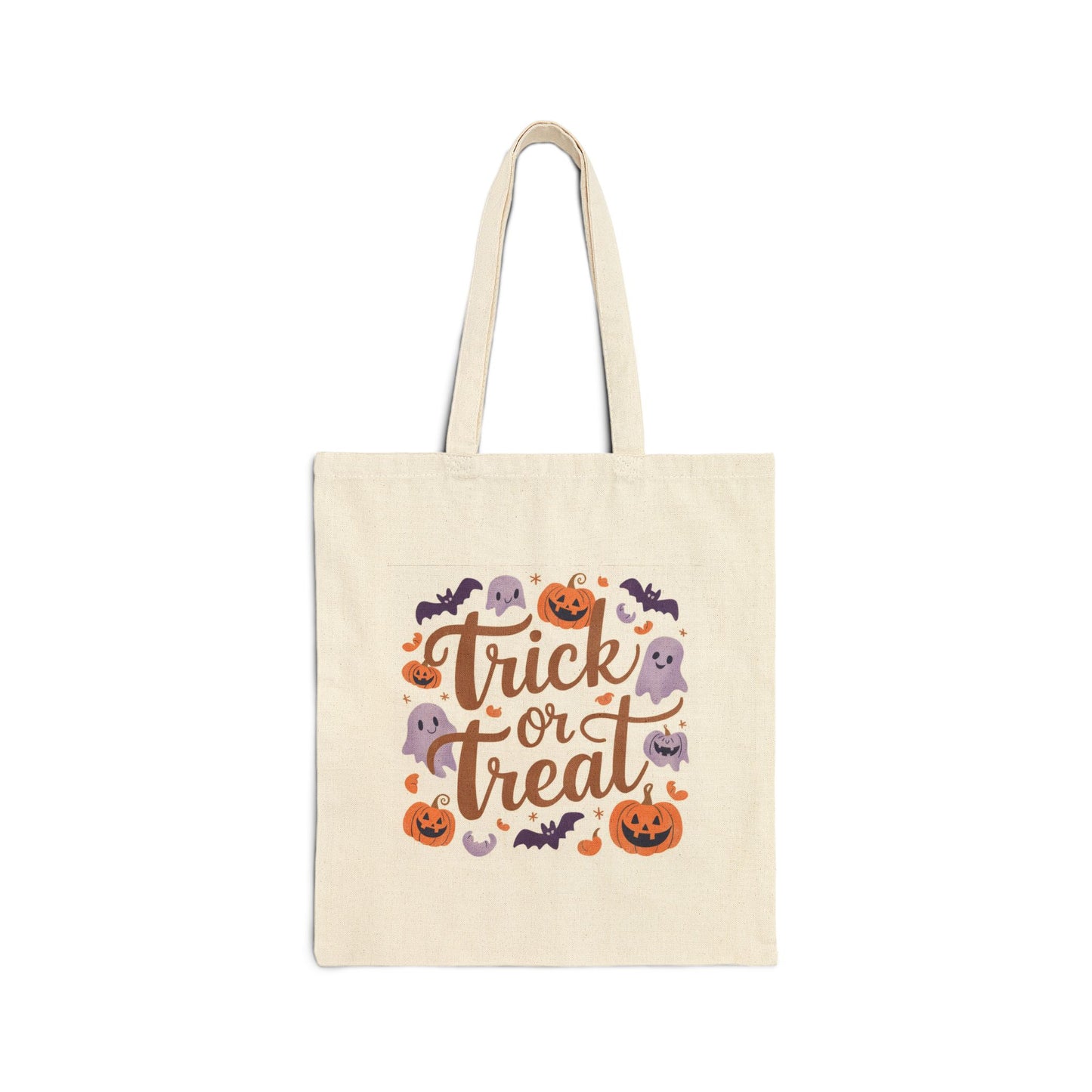 Halloween Trick or Treat Tote Bag — Cotton Canvas Candy Bag with Pumpkins & Ghosts